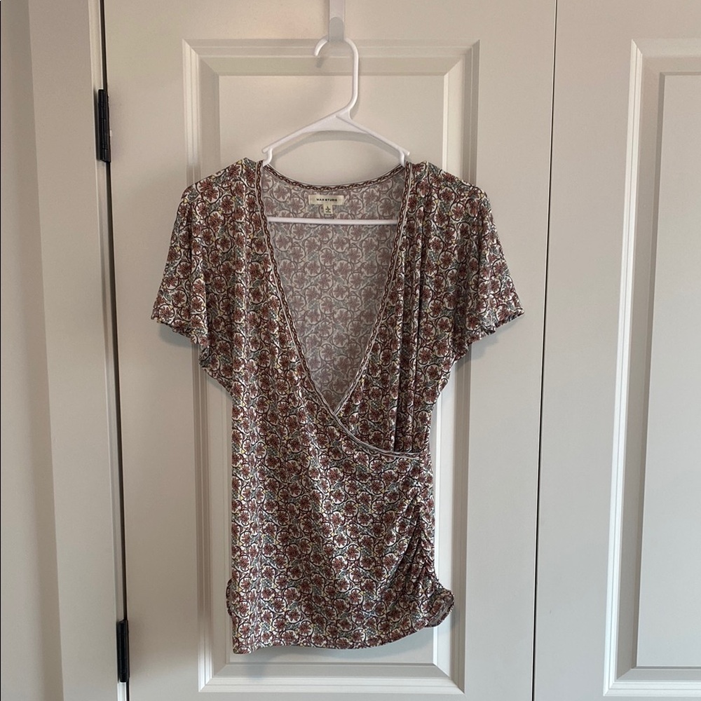 Max Studio Tan Cream Short Sleeve Wrap Blouse